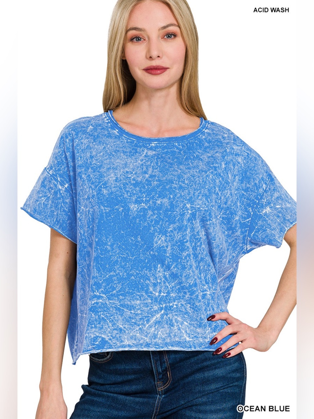 Zenana Outfitters CRINKLE WASHED CREW NECK SHORT SLEEVE CROP BOX TEE
